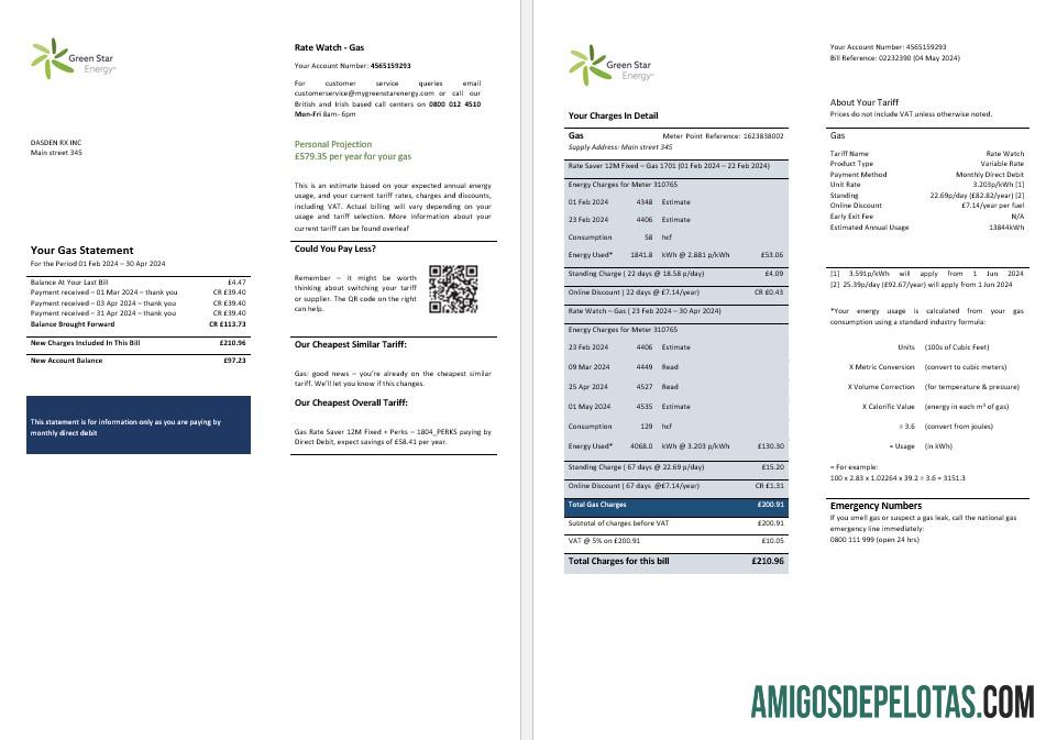Reino Unido Green Star Energy Energy Business Utility Bill Formatos Word e PDF, 3 páginas exemplo real